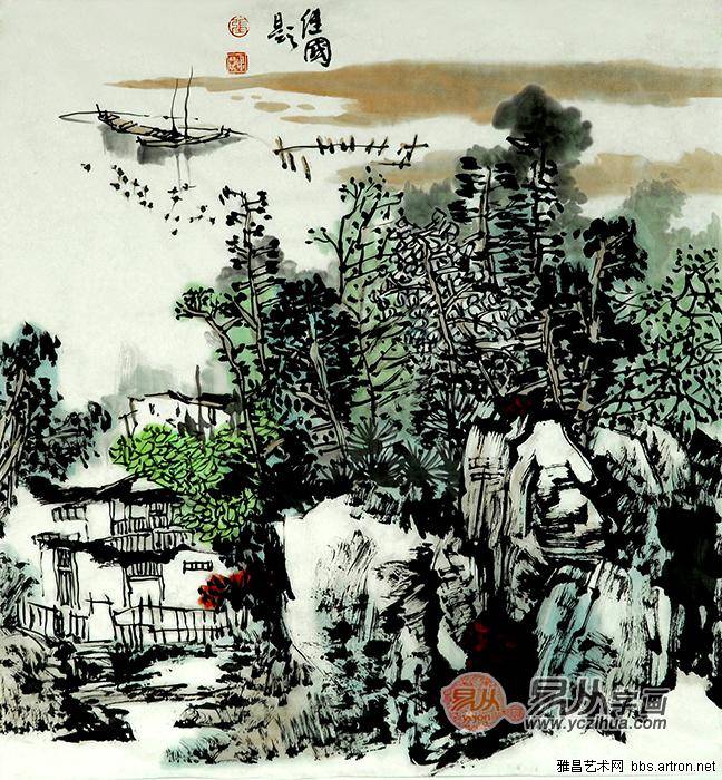 中国著名画家张继国写意山水画作品《归渔图》作品来源:易从字画